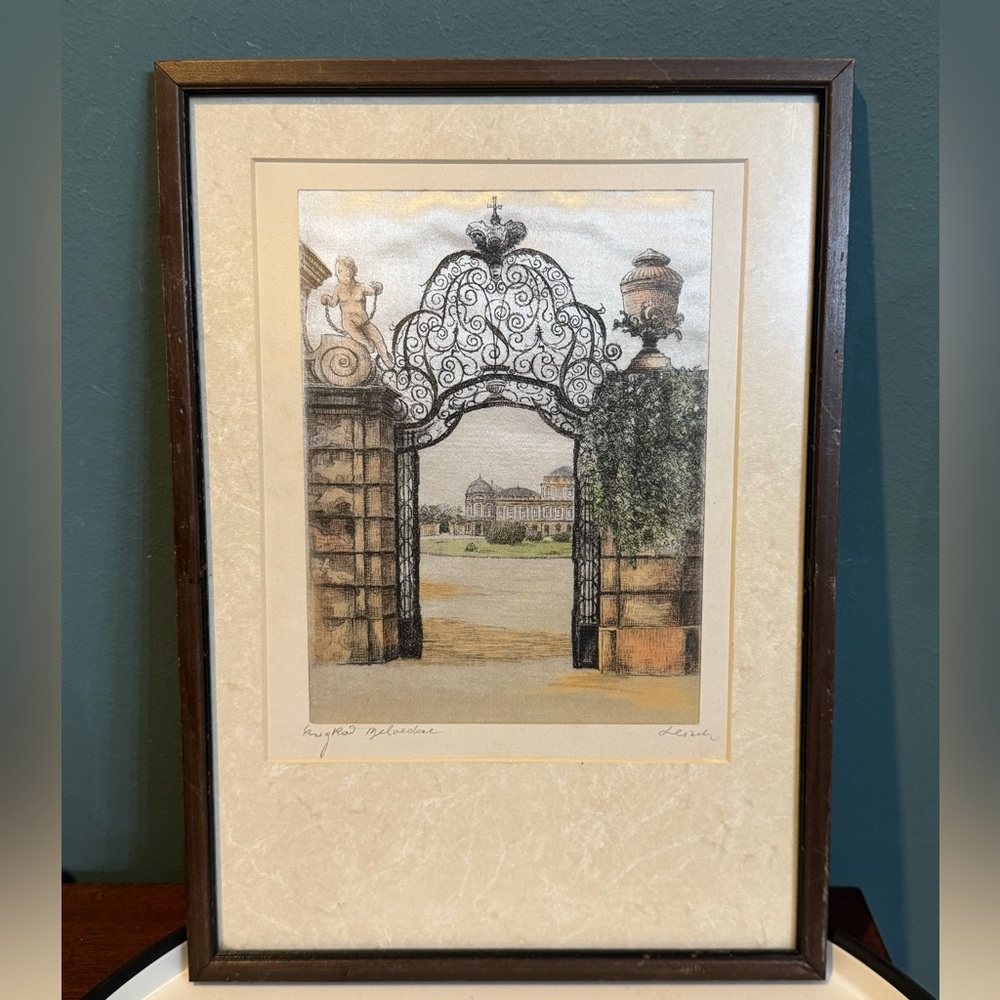 Framed Vienna Belvedere Palace Gate Architectural Engraving on silk Hans Leisch